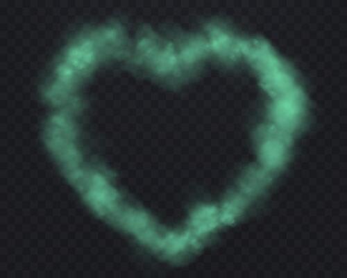 Realistic teal smoke heart or haze on a dark background. Magic fog, vapor