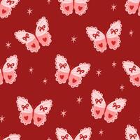 Seamless pattern of coquette butterfly with decorative elements hearts, bows, lace, ribbon, stars. Colorful pretty charming insect moth. Flat illustration on red background. Bohemian vintage vector