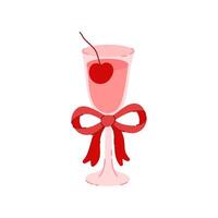 Pink wine in wineglass with cherry berry. Glass on stem with coquette red bow decoration. Holiday beverage in goblet. Flat graphic illustration isolated on white background vector