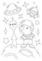 Coloring page with capybara astronaut, spaceship, moon and alien. template for children coloring book, print and poster. vector