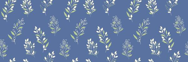 Plain seamless pattern with shapes tiny branches leaves, buds with drops. Blue unique floral print. hand drawn sketch. Nature ornament for designs vector