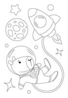 Coloring page with capybara astronaut, rocket and moon. template for children coloring book, print and poster. vector