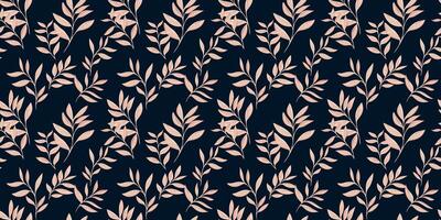 Elegant seamless pattern with abstract artistic branches leaves on a black background. Stylized leaf stems print. drawing illustration. Nature ornament for textiles, fabric, wallpaper vector