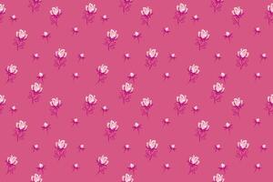 Seamless cute floral pattern with abstract tiny rose, buds. hand drawn sketch ditsy flowers print on a pink background. Minimalist ornament for fabric, surface designs, children textiles, vector
