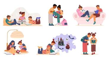 Different children reading books together scenes flat illustrations set. vector