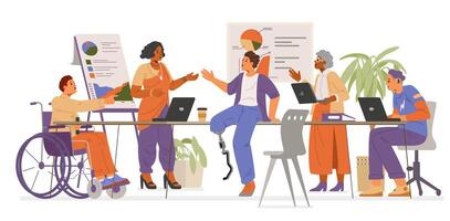 Diverse colleagues of different age, gender, ethnicity, with disabilities on a business meeting flat illustration isolated on white. Inclusive workplace concept. vector