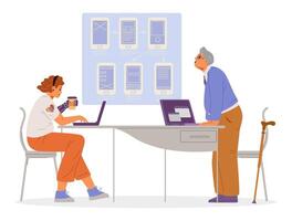 Woman with hand prosthesis and senior man working together in the office on app development flat illustration. Inclusive workplace concept. vector