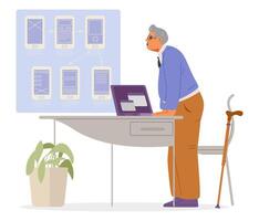 Senior man working at the office on app development flat illustration. Inclusive workplace concept. vector