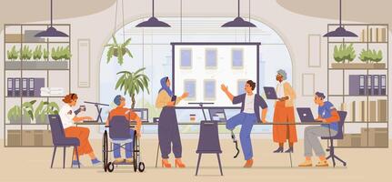 Diverse colleagues on business meeting working on app development in the office flat illustration. People of different age, ethnicity, in wheelchair, with disability. Inclusive workplace concept. vector