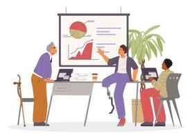 Diverse business team on a meeting flat illustration isolated on white. Man with leg prosthesis making business presentation. Inclusive workplace concept. vector