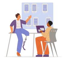 Young man with leg prosthesis and his African American colleague working together in the office on app development flat illustration isolated on white. Inclusive workplace concept. vector