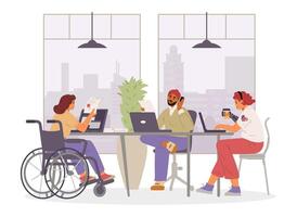 Diverse business team in the office flat illustration isolated on white. Inclusive workplace concept. vector