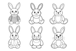 Set of cute plush bunnies for coloring. Collection of plush toys. Illustration, sketch vector
