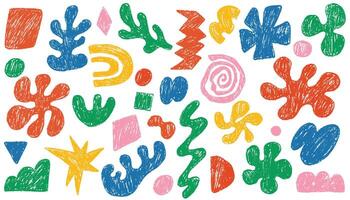 Crayon or charcoal organic shape. Funky abstract geometric shapes drawn. Hand drawn doodle contemporary figures, kid pencil drawings. Naive and primitive fluid shapes, abstract illustrations vector