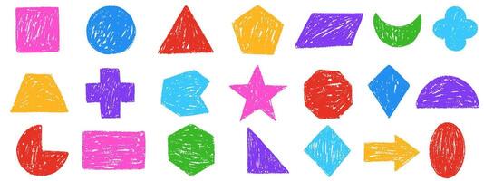 Charcoal geometric basic shapes. Set of colorful geometric figures crayon square, circle, rectangle, triangular in childish style. Pastel chalk or pencil. Noise grunge charcoal texture vector