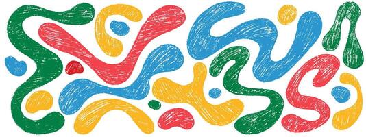 Funky organic liquid shapes and fluid forms drawn by a crayon. Various bubbles, organic irregular shapes with pencil texture. Bold hand drawn lines, spots. Crayon drawn colorful forms. vector