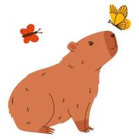 Cute capybara character. Funny rodent playing with butterflies. Hand drawn illustration. vector