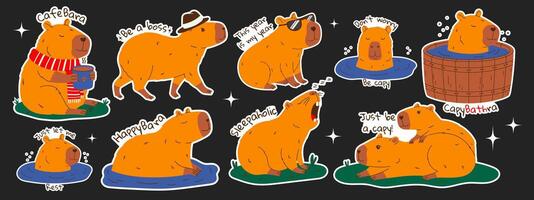 Cute capybara stickers set with text. Set of rodent characters swimming in pond, relaxing, playing, drinking coffee. Hand drawn illustration. vector