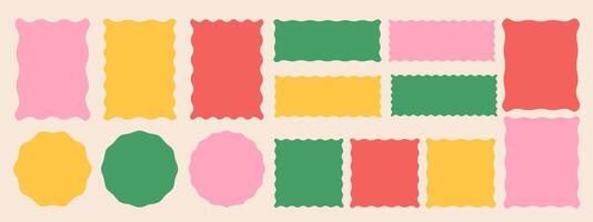 Colored geometric frames with scallop edges set. Trendy silhouette rectangle, circle, square borders. vector