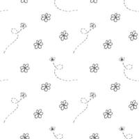 Seamless pattern of Doodle chamomile, bee and butterfly. Hand drawn simple illustration in monochrome black and white colors. Floral background with insect. Outline print for fabric, textile vector