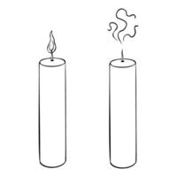 Set of Extinguished candle and wax candlelight with flame. Hand drawn outline illustration. Christmas or birthday design. Linear home decor Cozy object for aromatherapy in black and white colors. vector