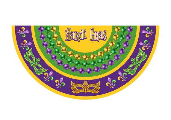 Semicircle Mardi Gras banner, flag for holiday celebration, decoration. Half circle bunting with Fleur de Lis symbol masks, strings of beads, text. Vintage style