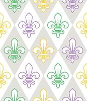 Geometric Mardi Gras pattern with outline icons of Fleur de lis symbol on white background. Diagonal classic diamond shaped rhombus grid. Harlequin ornament. vector