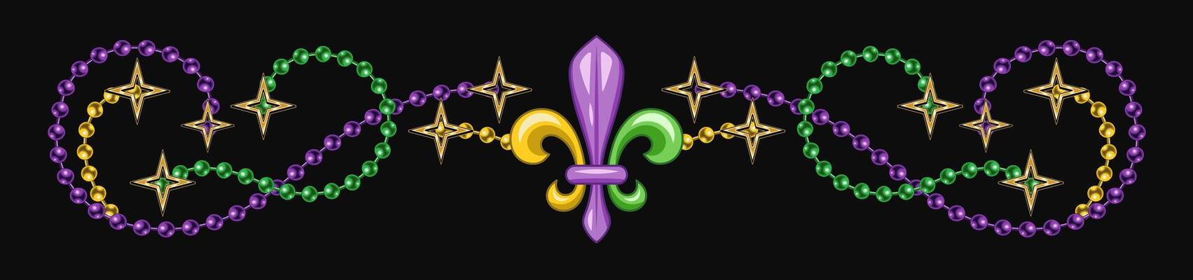 Vintage horizontal border made of strings of beads, golden stars, Fleur de Lis sign. Design element for Mardi Gras holiday decoration.