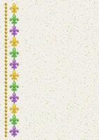 Vertical rectangular layout made with left border with Fleur de Lis sign, yellow beads. For Mardi Gras decoration in vintage style. Textured white background. Template for menu, poster, invitation vector