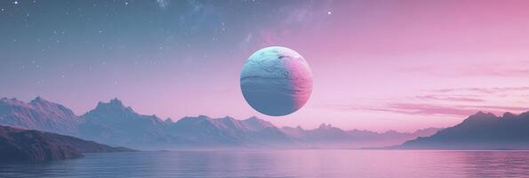 A planet with a lake, moon, pink sky, stars, and mountains in the background photo