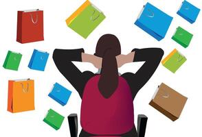 A woman sitting on a chair with shopping bags flying around her vector