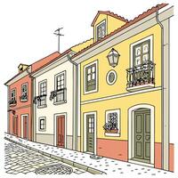 A row of colorful townhouses with unique facades, each painted bright and cheerful. Include small balconies, potted plants, and a cobblestone street on a white background vector
