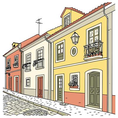 A row of colorful townhouses with unique facades, each painted bright and cheerful. Include small balconies, potted plants, and a cobblestone street on a white background