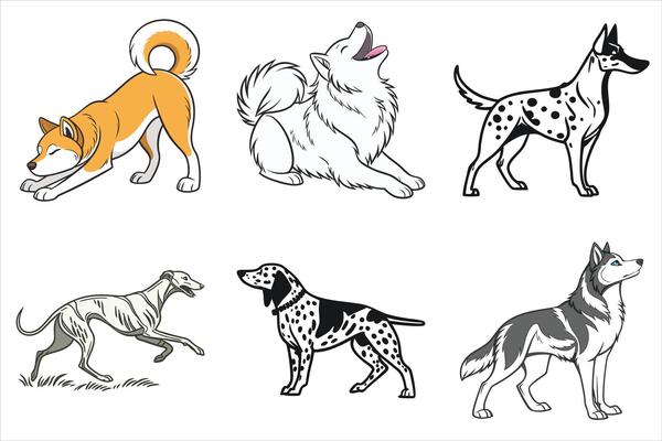 Illustration Set of Adorable Dogs in Flat Design on White Background