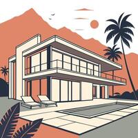 A modern luxury villa with floor-to-ceiling windows, a sleek rectangular pool, and lounge chairs in the front yard. The backdrop includes mountains and a sunset vector-style on a white background vector