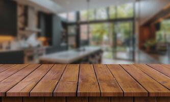 Wooden table top in front of a kitchen photo
