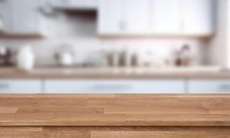 Wooden table top in kitchen with blurred background photo