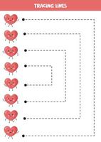 Tracing lines for kids. Cartoon pink kawaii hearts. Handwriting practice. vector