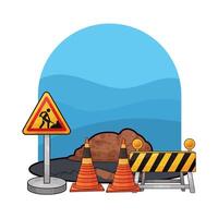traffic cones and barriers in construction work vector