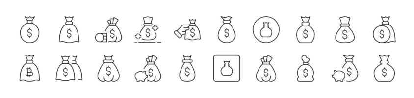 Money Bag Outline Picture Collection. Editable Stroke. Perfect for Infographics, Articles, Books, Flyers, Banners vector