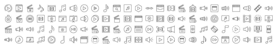 Pack of Media Player Related Line Icons. Editable Stroke for Design, Web Sites, Apps, Cards. Contains Linear Images of Clapperboard, Musical Note, Loud Speaker vector