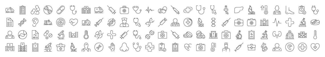 Line Icon Set of Hospital. Contains Icons of Organs, Doctor, Pills, Syringe, Clinic that Can Be Used for Design of Cards, Posts, Apps, Web Sites vector