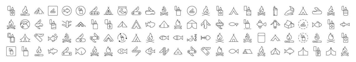 Camping and Hiking Isolated Pictures. Contains such Elements as Bonfire, Fish, Folding Knife, Tent, Lighter. It Can Be Used for Interface, Posts, Advertisements, Various Card vector