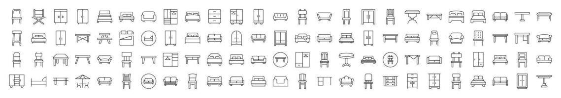 Collection of Graphics of Wardrobe, Bed, Sofa, Table, Chair Drawn with Thin Line for apps, web sites, banners, infographics and other types of design vector