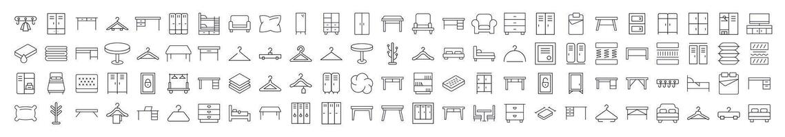 Furniture Line Icon Set. Contains Icons of Bed, Table, Mattress, Coat Hook that Can Be Used for Design of Cards, Posts, Apps, Web Sites vector