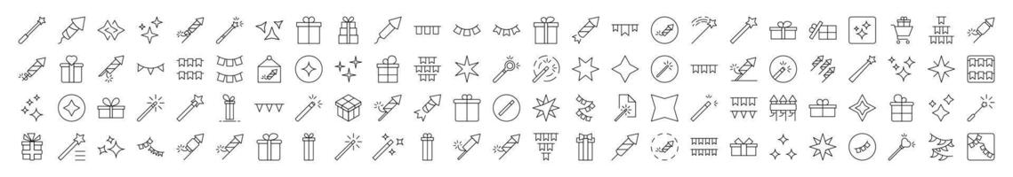 Collection of Outline Symbols of Garlands, Magic Wand, Firework Drawn with Thin Line for apps, web sites, banners, infographics and other types of design vector