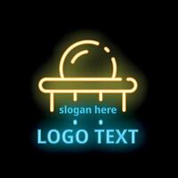 Neon sign ufo alien spaceship glowing in dark background vector