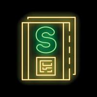 Bright yellow neon icon of a book with a dollar sign on a black background, perfect for representing concepts like financial literacy vector