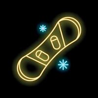 Neon sign representing snowboard with snowflakes on black background vector