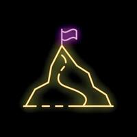 Neon sign representing reaching goals with flag on mountain top vector